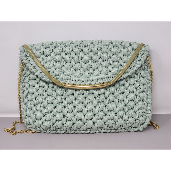 Vintage Rodo Raffia Woven Mint Green Clutch Gold Chain Snap Closure‎ - Picture 1 of 10